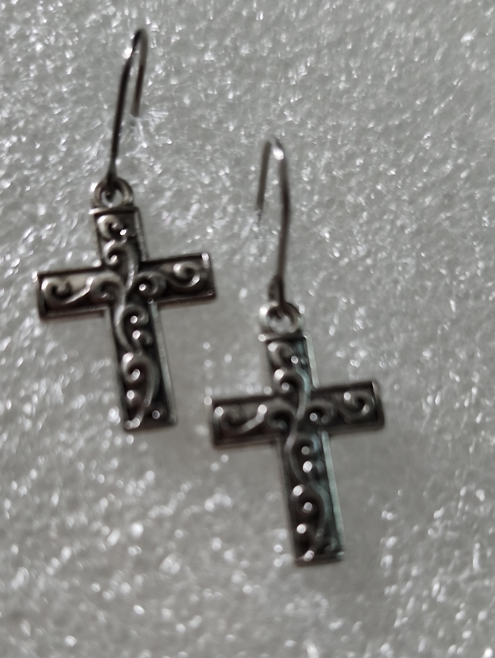 Hand Crafted Silver Scroll Cross Drop Earrings